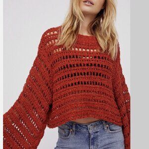 FREE PEOPLE Caught Up Bell-Sleeve Crochet Knit Cropped Sweater Top size S